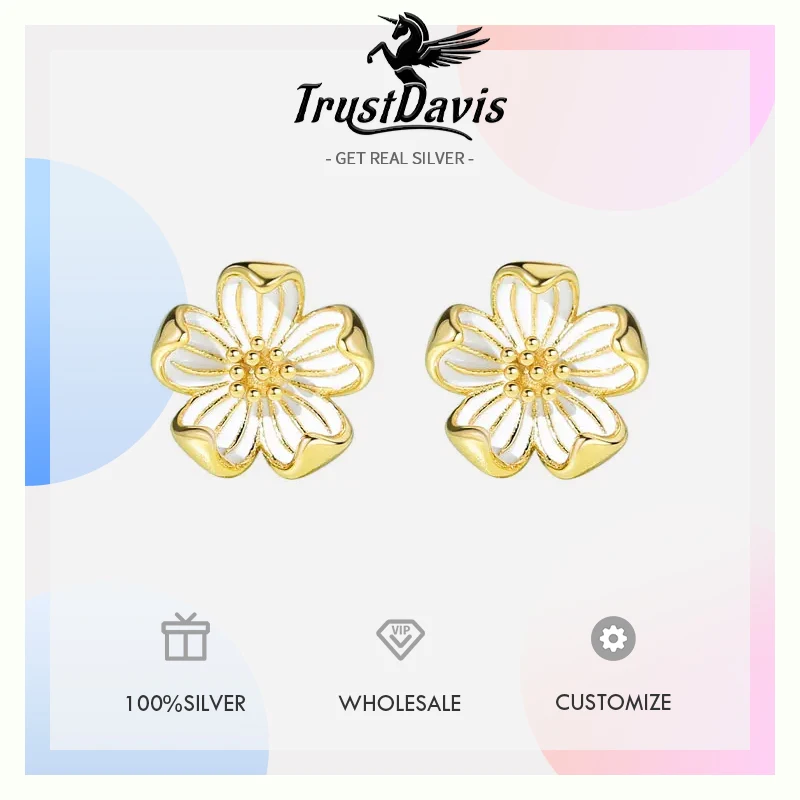 Trustdavis Real 925 Silver Daisy Flower Necklaces Bracelet Stud Earring for Women Daily Wear Jewelry Gift LB090