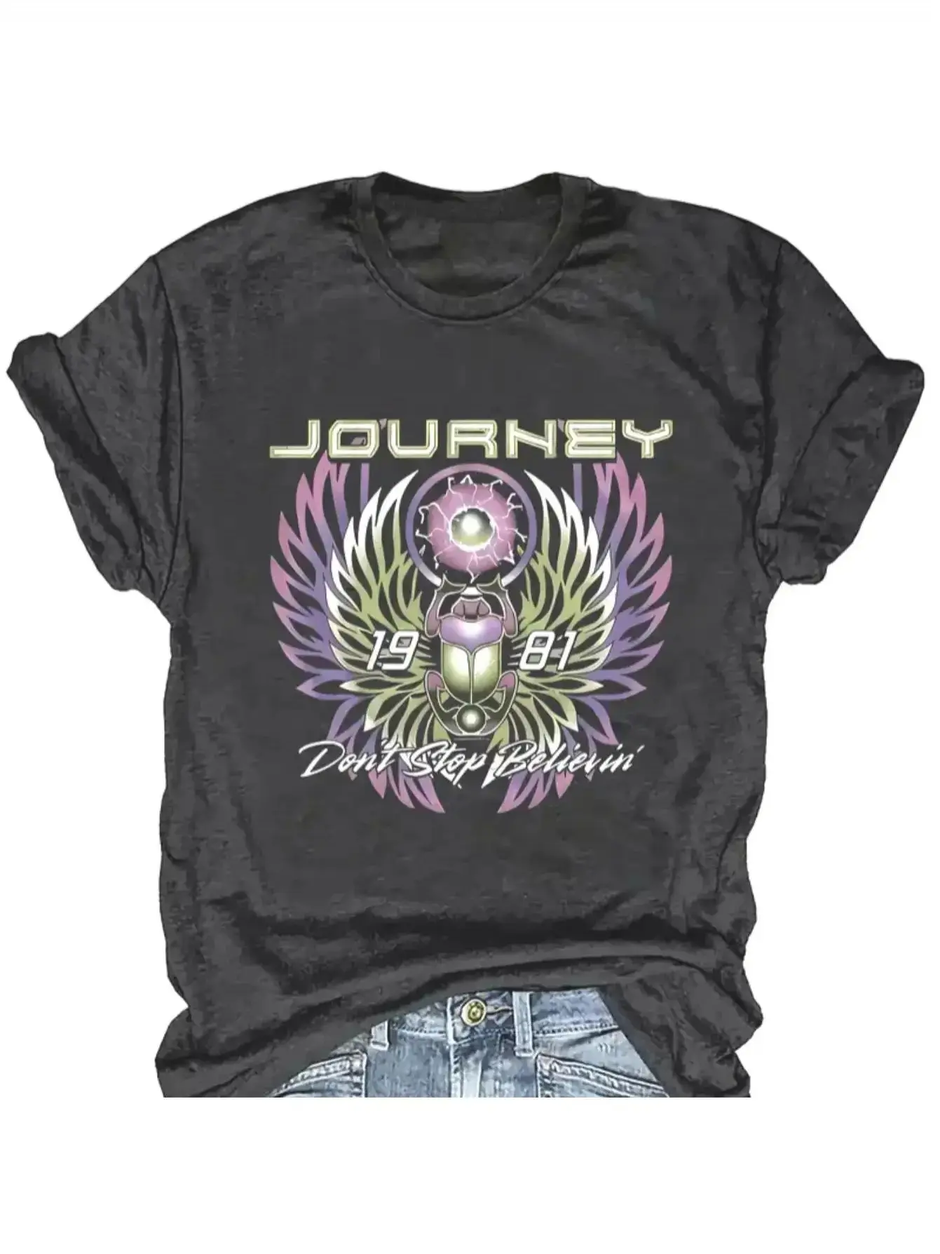 Vintage Top Journey Don't Stop Believin' 1981 Women's Tee Rock Band Graphic Casual Bold Print Tee Loose Streetwear Unisex