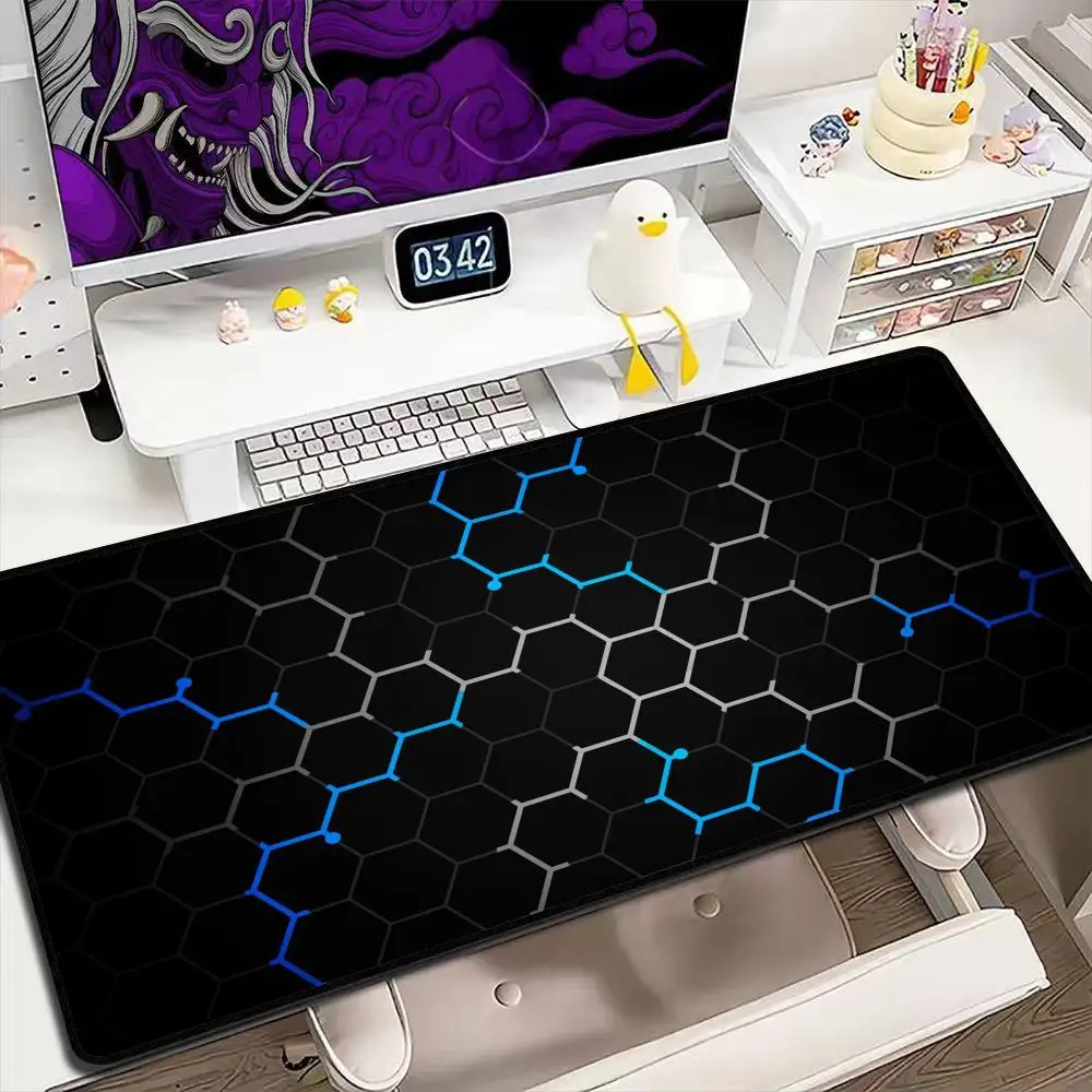 Neon Hexagonal Honeycomb Tech Pattern Non-slip Desk Mat  Large Wide Desk Mouse Pad PC Laptop Gamers E-sports Office Home Decor