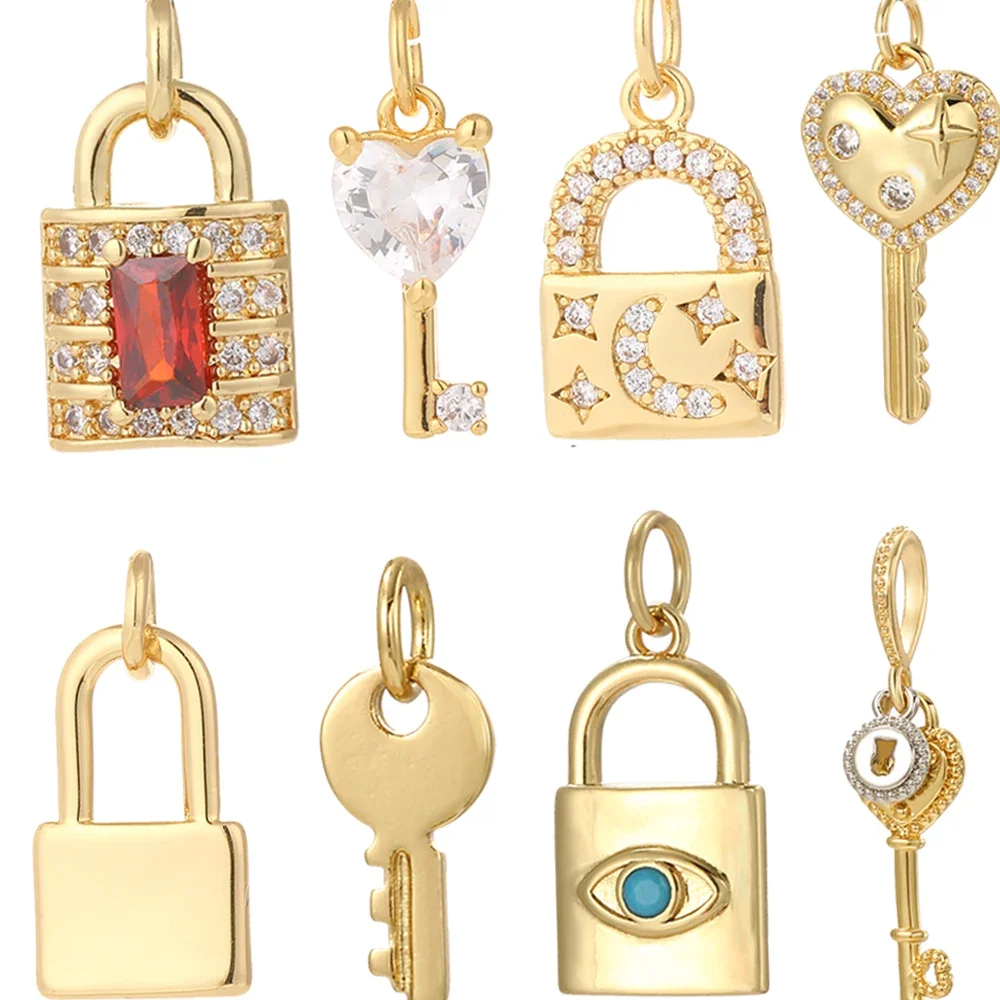 Cute Heart Key Lock Charms for Jewelry Making Supplies Accessories Diy Necklace Bracelet Jewelry Charm Copper CZ Zircon Pendant
