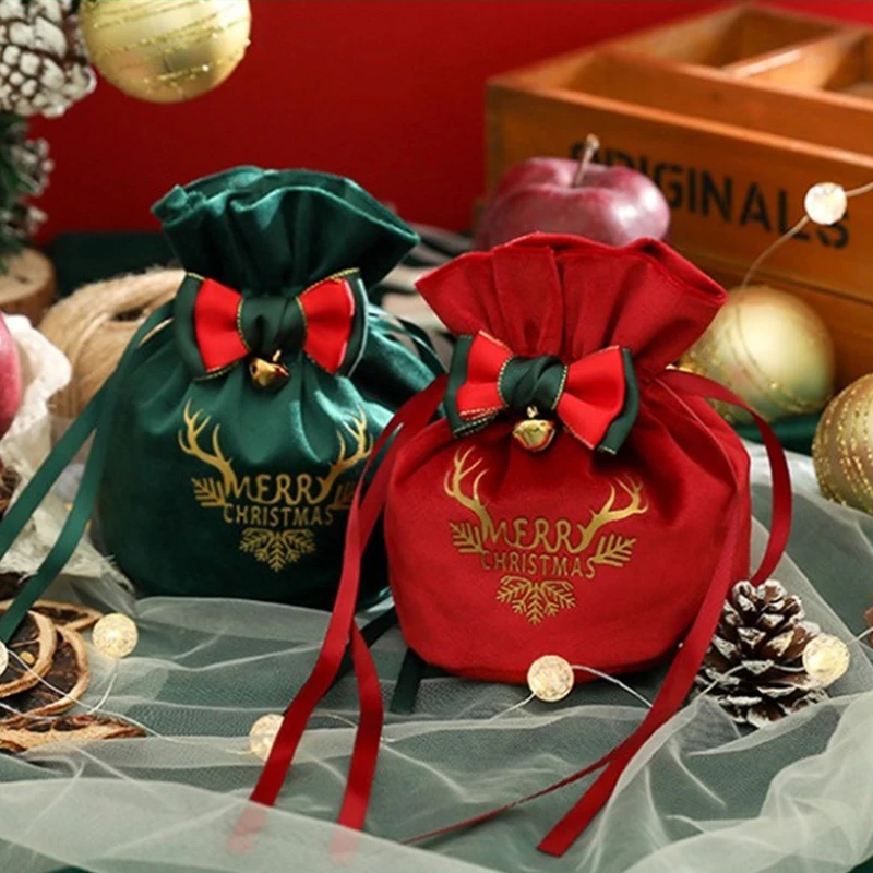 Christmas Wrapping Packaging Draw Rope Cartoon Pattern Chic Hone Party Gift Bag Chocolate Cookies Candies Bowknot Small Bell