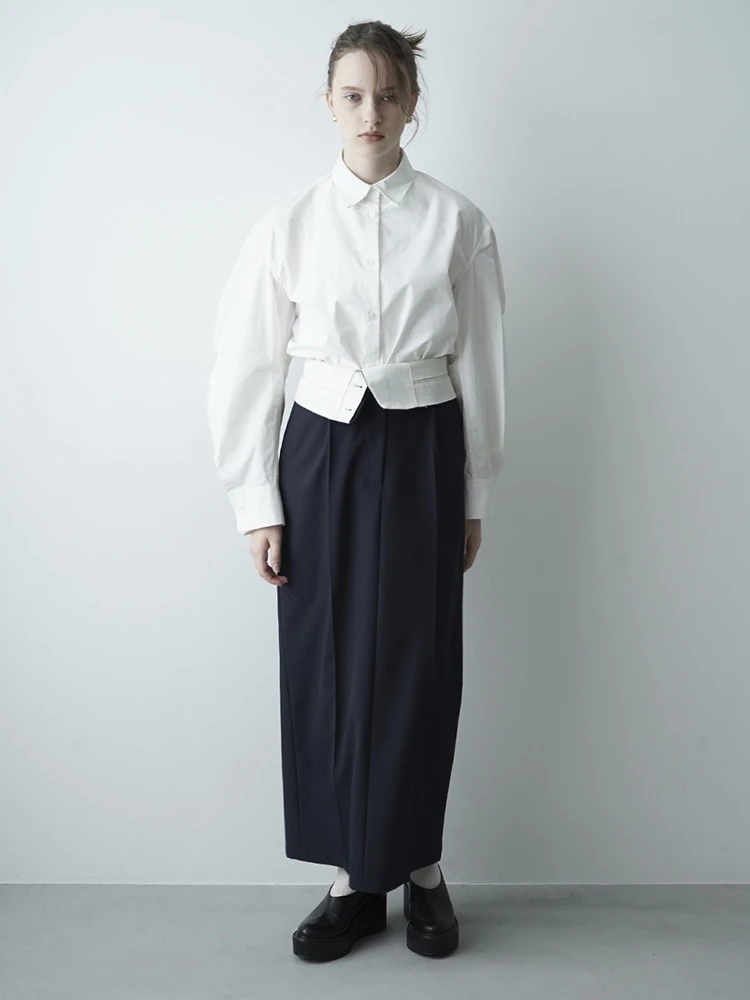 

High Waist Suit Skirt OL Commute Vintage Contrast Color Turned up Hem Waist Cinched Long Skirt Casual High Waist