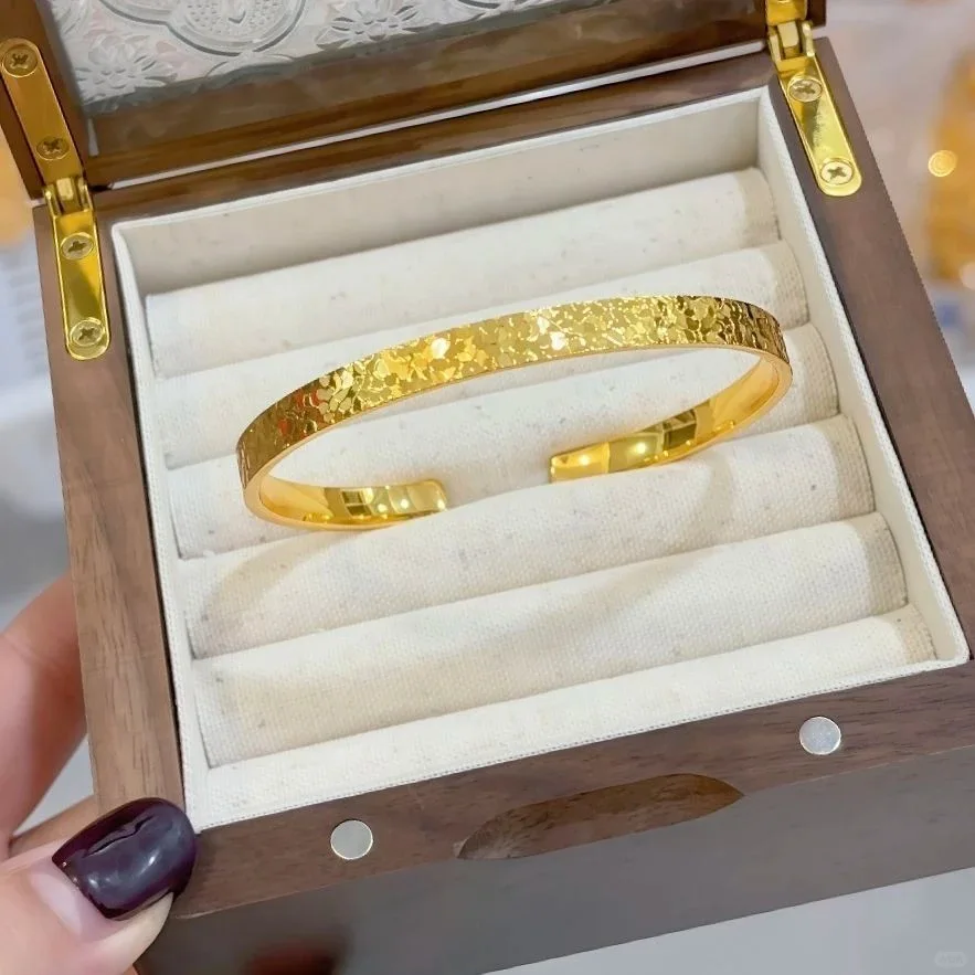 9999 gold ice-cracked bracelet with opening, luxurious and high-end style, simple ring, solid handband