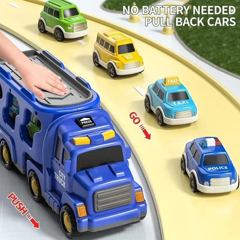 شاحنة حاملة متعددة الوظائف للأطفال: هندسة، إطفاء، مركبات شرطة مع قوة احتكاك، صوت وضوء، بالإضافة إلى تخزين