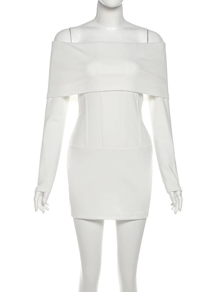 Weird Puss Sexy Slash Neck Dress Women Patchwork Off Shoulder Full Sleeve Elegant Simple Stretch Skinny Peach Hip Mini Bodycon