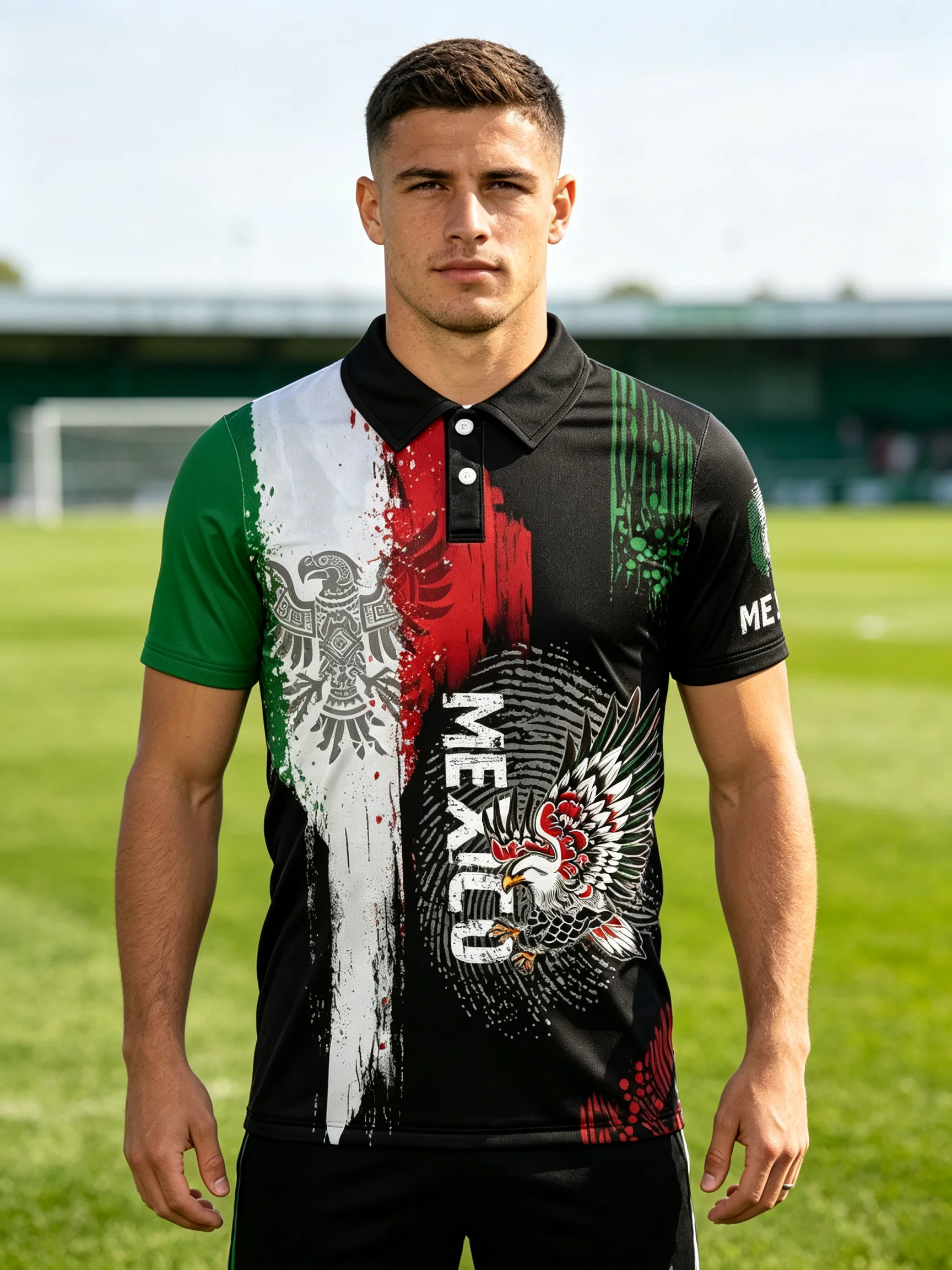 2026 Mexico football polo jersey, brush‑stroke national‑flag colors and eagle totem print, lightweight quick‑dry sport fabric