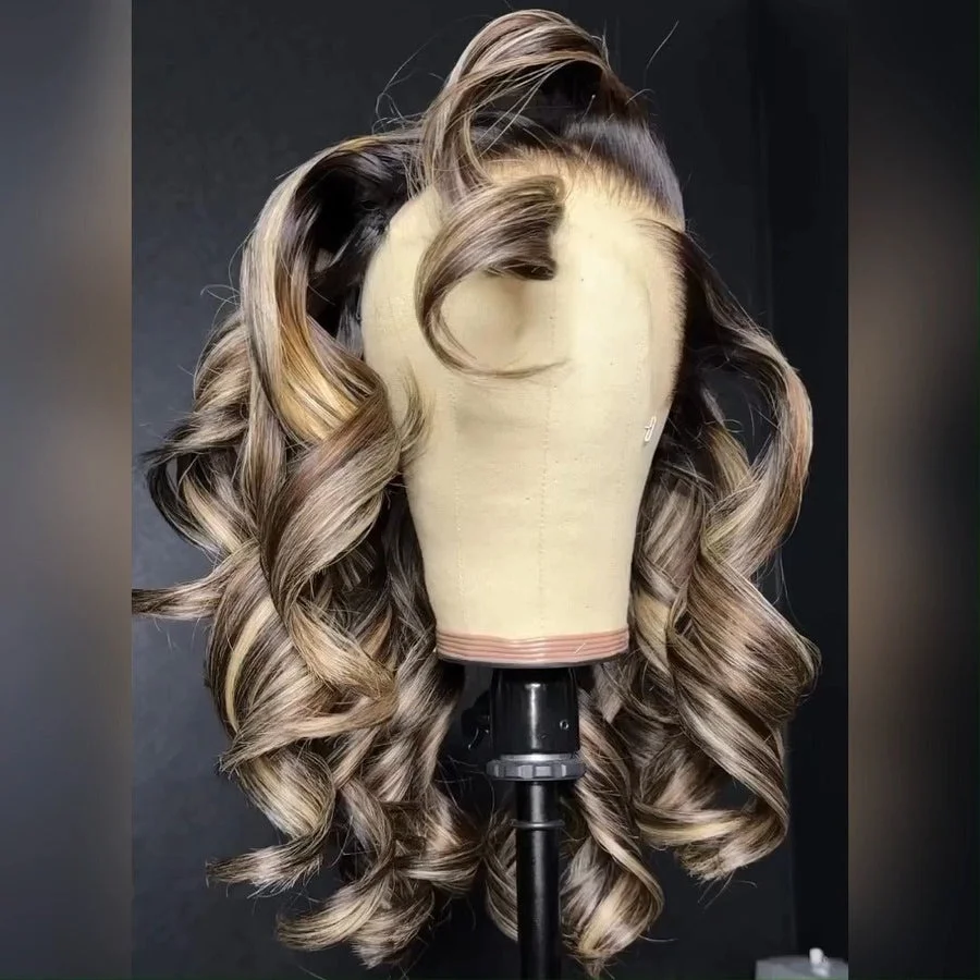 Europe Fashion Middle Wave Long Hair Brown Curly Synthetic Wigs Mixed Color Heat Resistant Fiber Hairpieces for Women Daily Wear