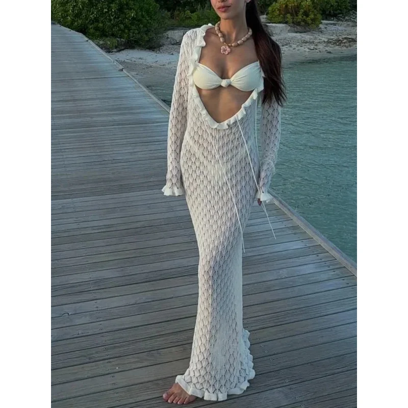 Women's Solid Color V-Neck Tie Long Sleeve Midi Dress Summer Fashion Elegant Knitted Party Holiday Pleated Dress