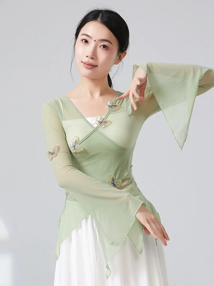 3D-Schmetterlings-Mesh-Tanzoberteil mit Glockenärmeln für Damen, langärmelig, schmale Passform, moderne Bühnenbekleidung, zeitgenössisches Jazz-Performance-Shirt