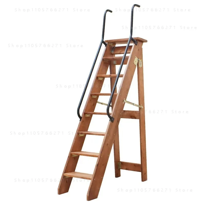 Household folding stairs Indoor all-solid wood unilateral herringbone ladder Multifunctional mobile climbing wooden ladder brown