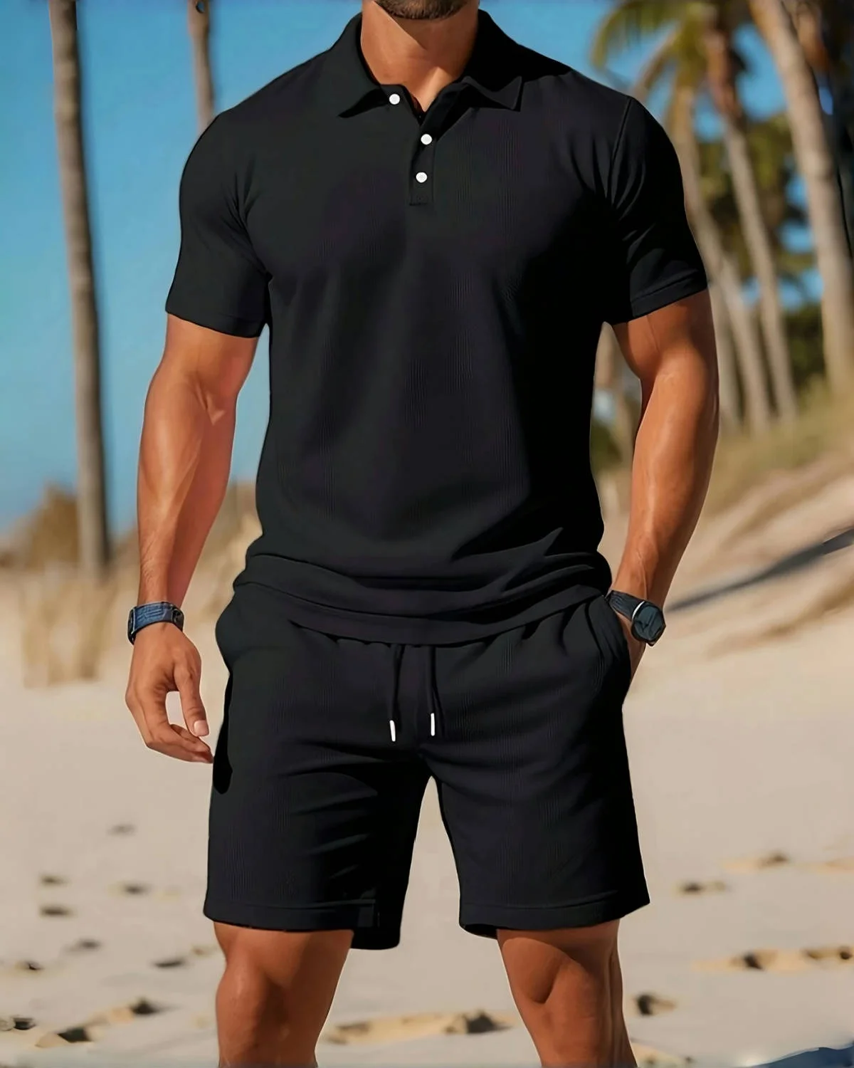 

Men's business Casual beach sports Two-piece set, Drawstring elastic waist sports shorts set, button access control lapel top