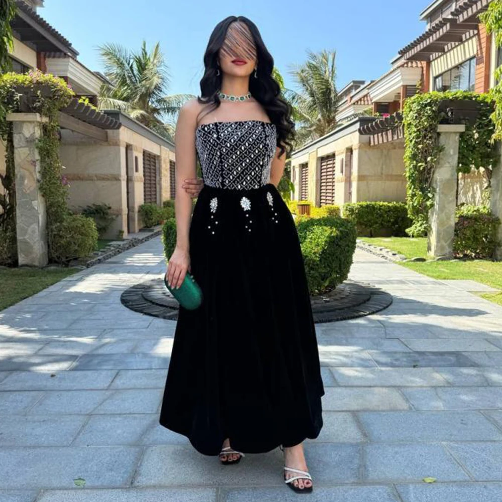 Flechazo Strapless Black Evening Dress A-Line Beading and Crystal Sleeveless Women Ankle Length Customized Party Prom Gowns