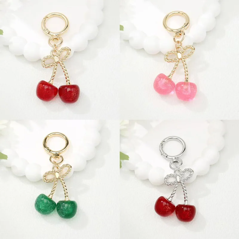 

Creative Candy Colored Bow Cherry Charm Keychain New Jewelry for Women Simple Gold Fruit Pendant Car Bag Keyring Accessories