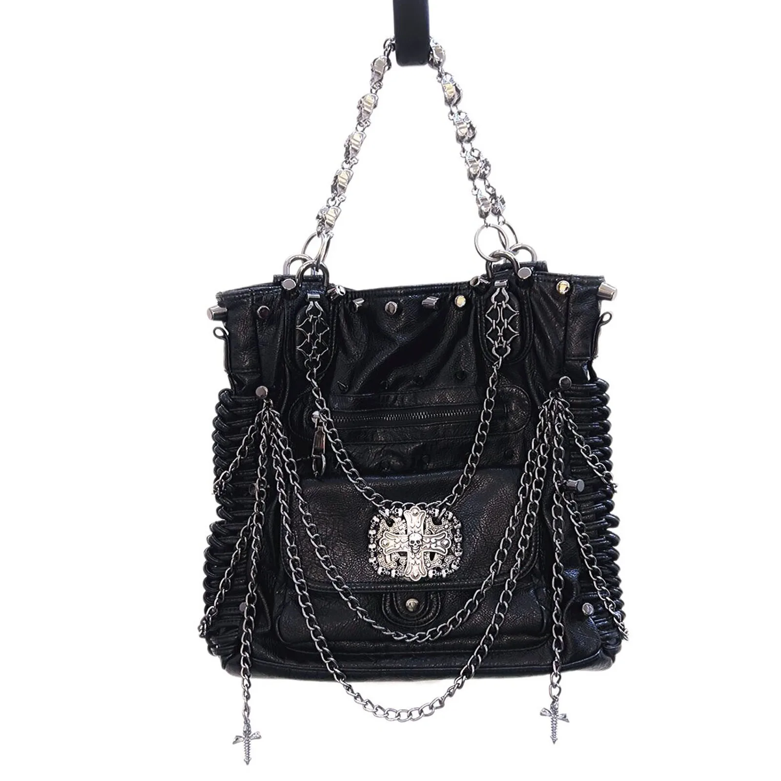 Y2K Gothic Punk Women Shoulder Tote Bag Skull Cross Metal Chain Rivet Pleated PU Leather Dark Aesthetic Crossbody Handbag