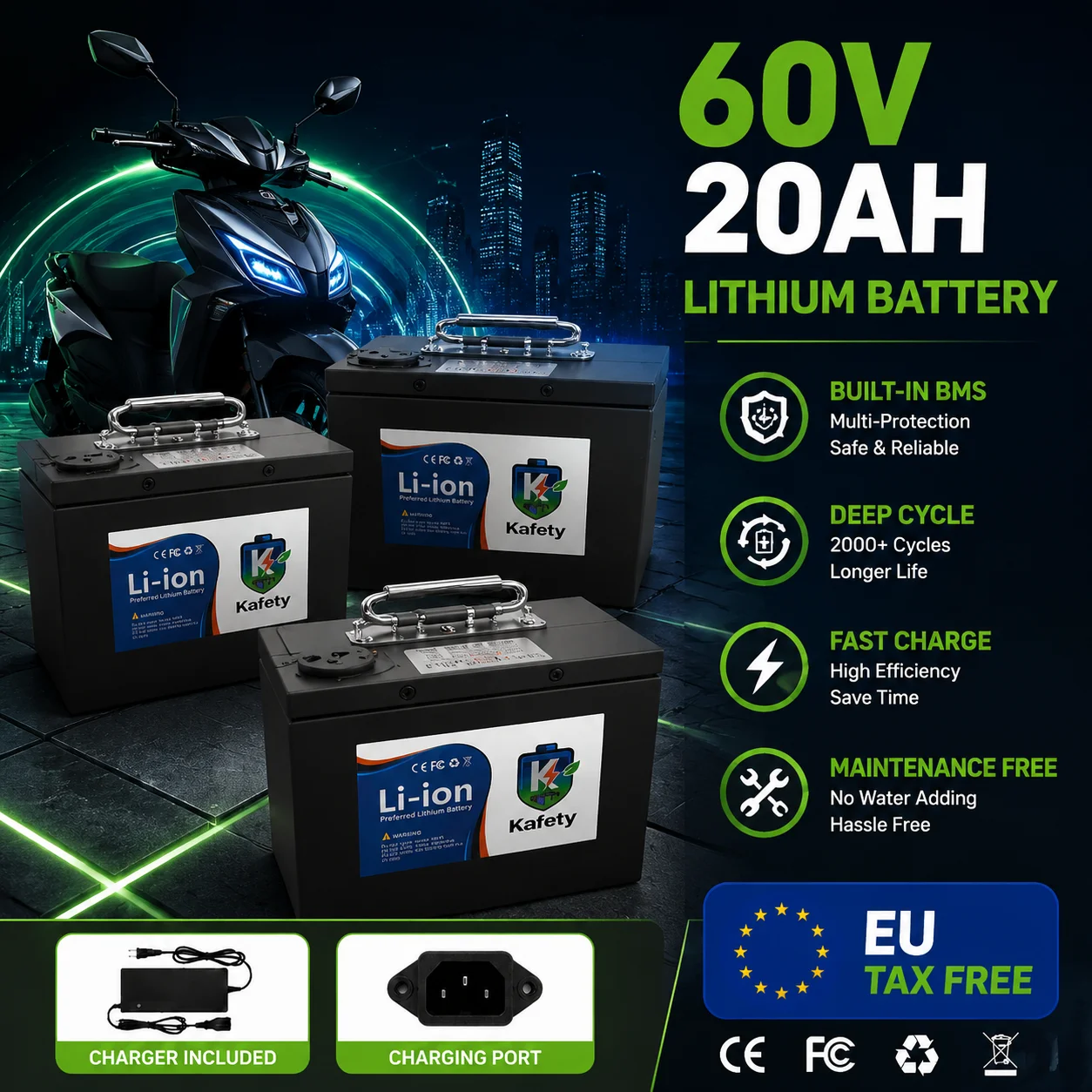 Image of 60V Hochleistungs-18650-Lithium-Akku-Pack 20AH mit integriertem BMS inklusive Ladegerät, geeignet für 500W-3000W Motor Elektroroller E-Scooter