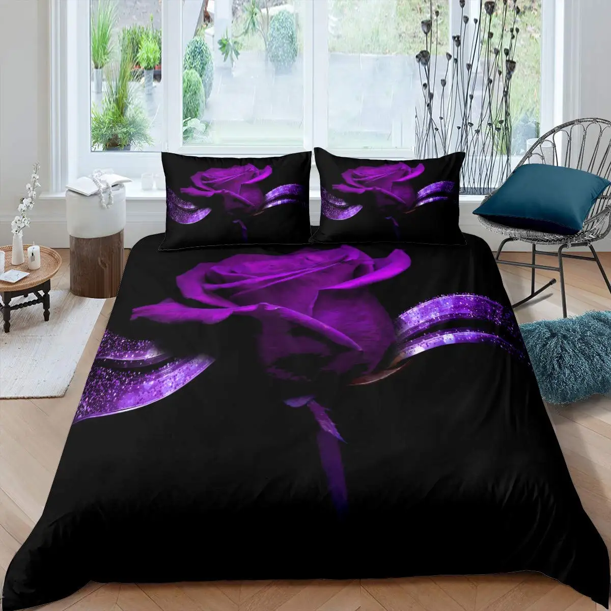 

Rose Duvet Cover Set Women Chic Purple Floral Print Bedding Set Romantic Flowers Glitter King Size Comforter Cover For Couples