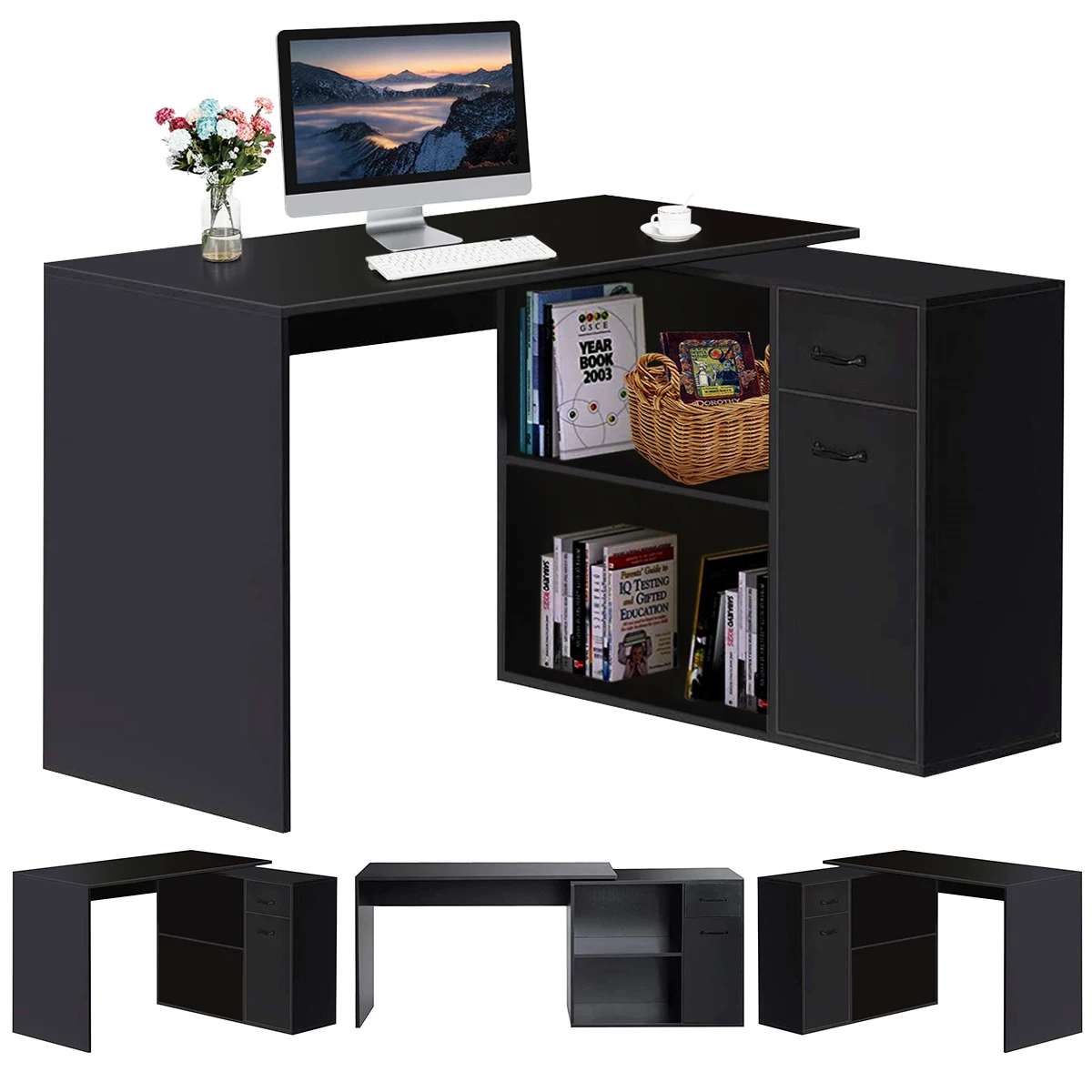 Wooden Computer Desk Foldable With 2 Drawers 2 Rotating Corner Shelves Compartment Office Living Room Kitchen Versatile Table