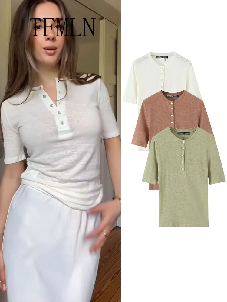 

TFMLN 2025 летняя женская однотонная повседневная футболка, модные полупрозрачные шикарные топы с круглым вырезом и короткими рукавами, уличные рубашки на пуговицах для девочек