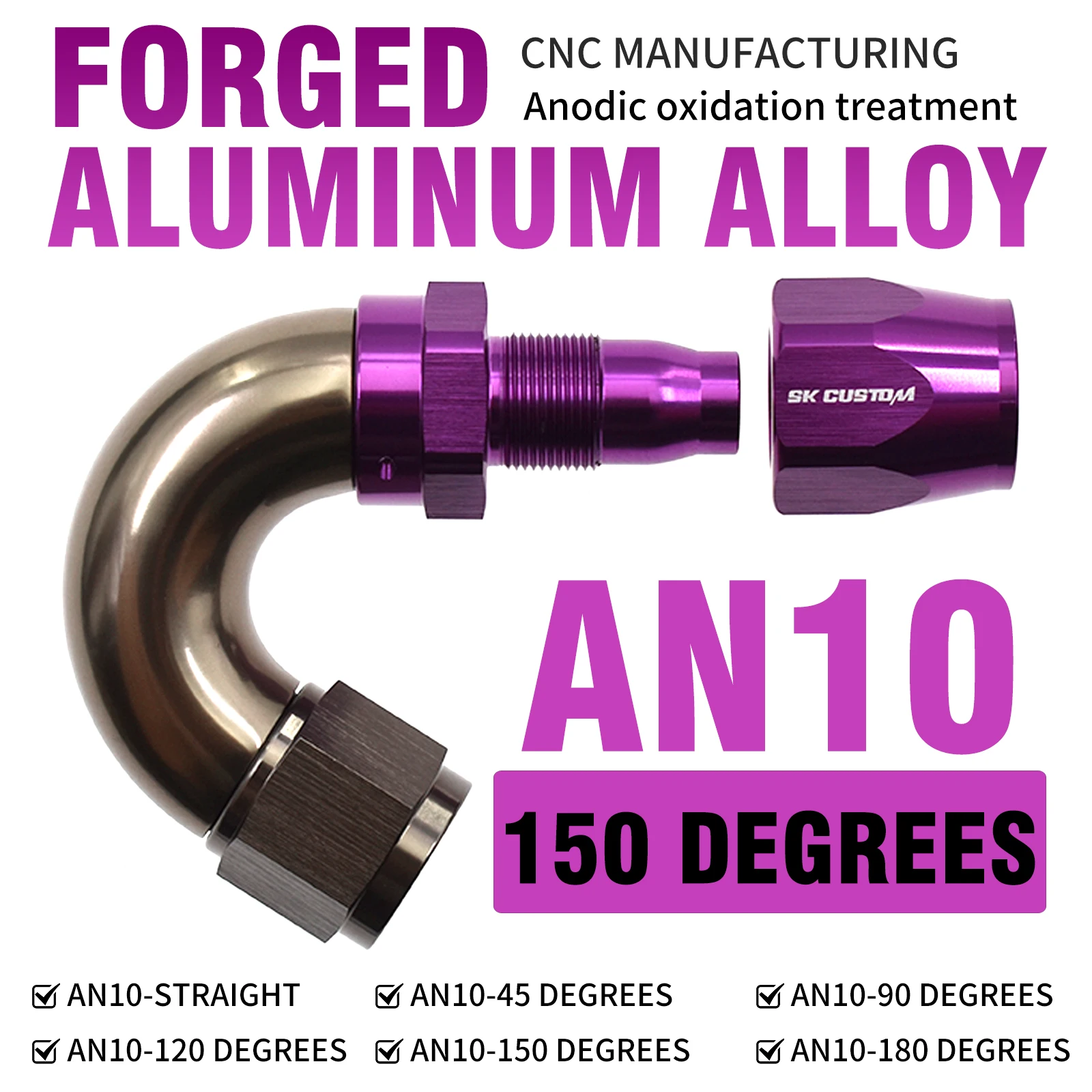 SKCUSTOM Purple AN10 One Piece Hose End Forged Aluminum Alloy Swivel Fuel Fitting Adapter Str0° 45° 90° 120° 150° 180° Interface