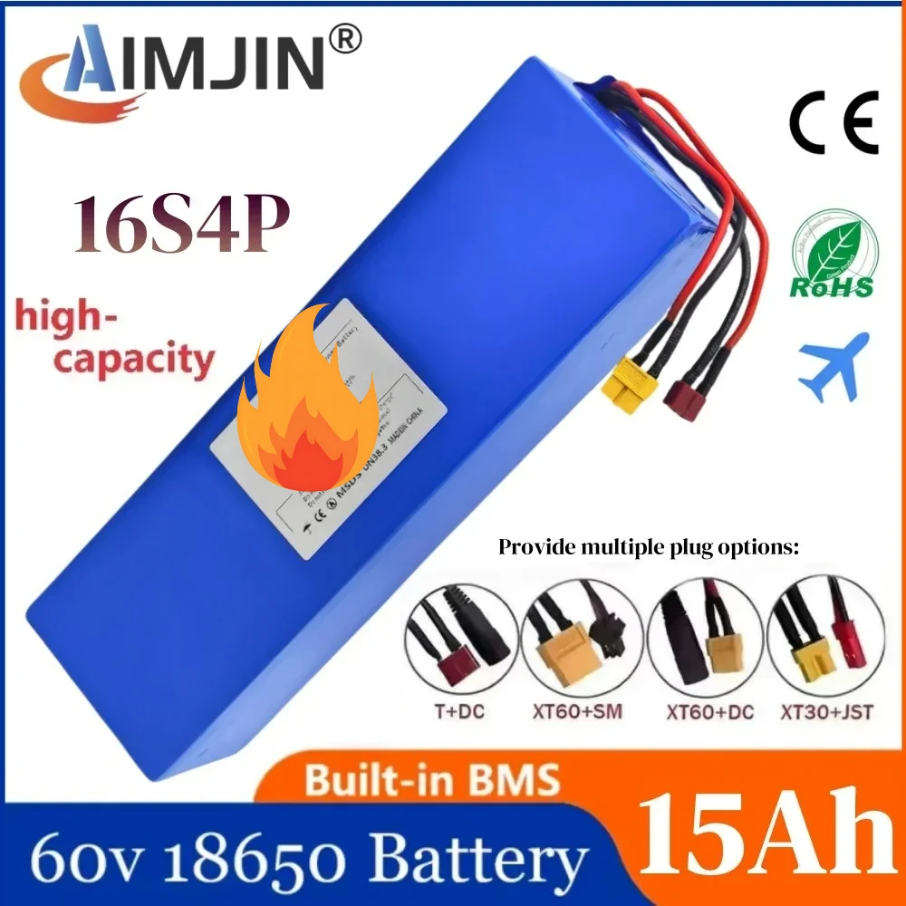 

16s4p Battery Pack 60V 15000mAH 18650 Lithium with BMS for Motorcycle, Scooter, Bicycle 2000W Motor