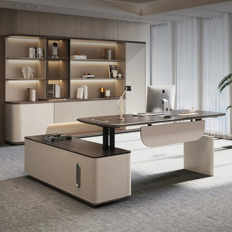 Modern Motorized Sit-Stand Executive Workstation Two-Tone Wood Grain L-Shaped Office Writing Desk with Matching Storage Cabinet