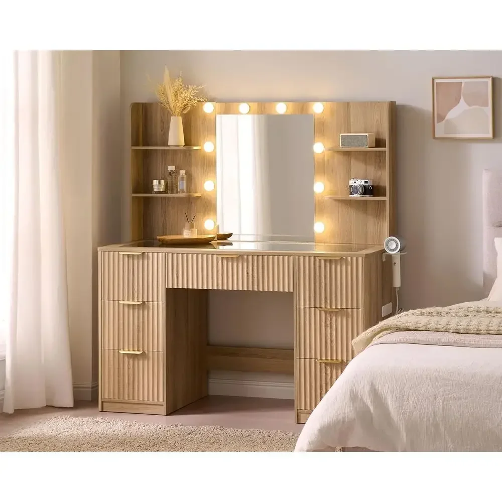 47.2 Large LED Vanity Desk with Mirror & Charging Station, Glass Top Makeup Table for Women & Girls, Natural Oak