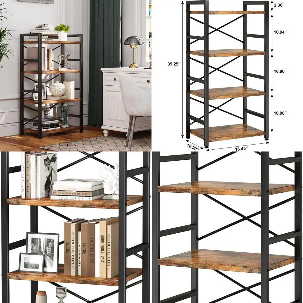 

Rustic Brown 4-Tier Metal Bookshelf for Home Office, Living Room, and Bedroom Storage