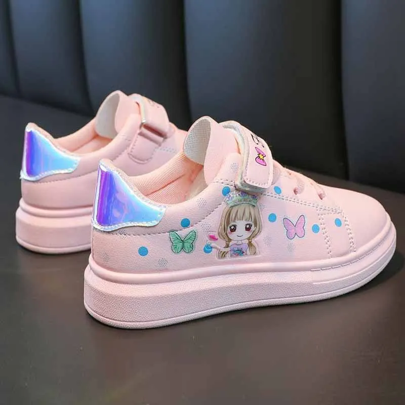 Children\'s Little White Shoes Korean Style Cartoon Girls Print 3-12Y Students Casual Sneakers PU Leather Waterproof Board Shoes