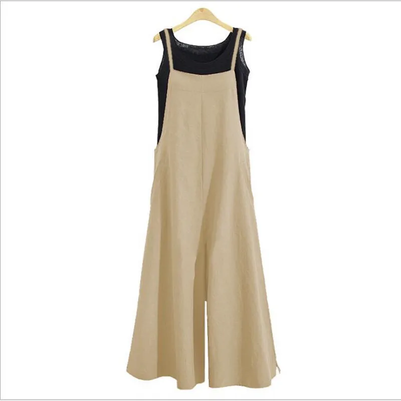 Women Casual Wide-Legged Jumpsuit Cotton Linen Breathable Sleeveless One-Piece Loose Long Jumpsuit Overalls