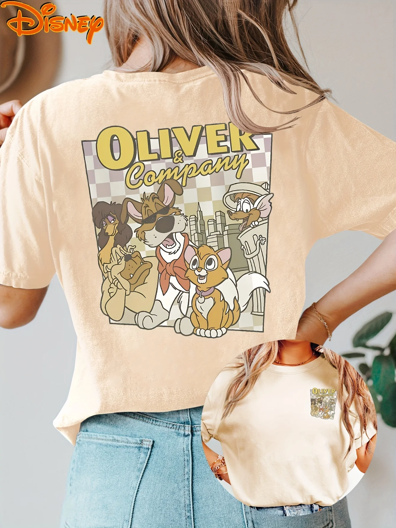 Disney-Camiseta Vintage Oliver Company Cat para mujer, gafas de moda con estampado de perro, serie de viajes callejeros Retro con estampado de doble cara
