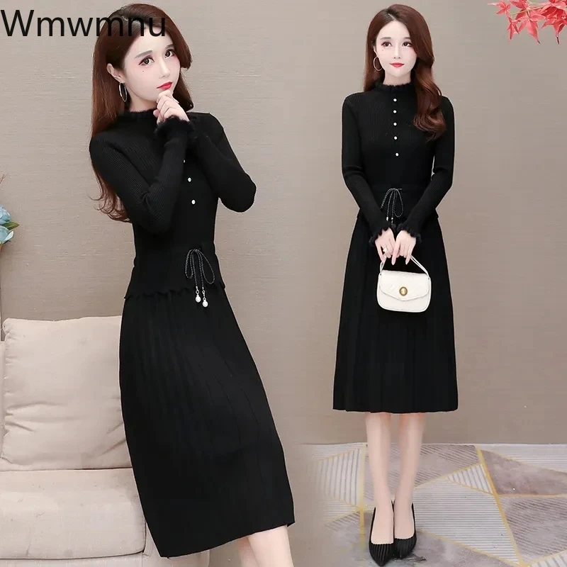 Slim Midi Sweater Dress Elegant Ruffle Long Sleeve Knitted Dress Women Vintage Fall Patchwork Drawstring Waist Bottoming Dresses