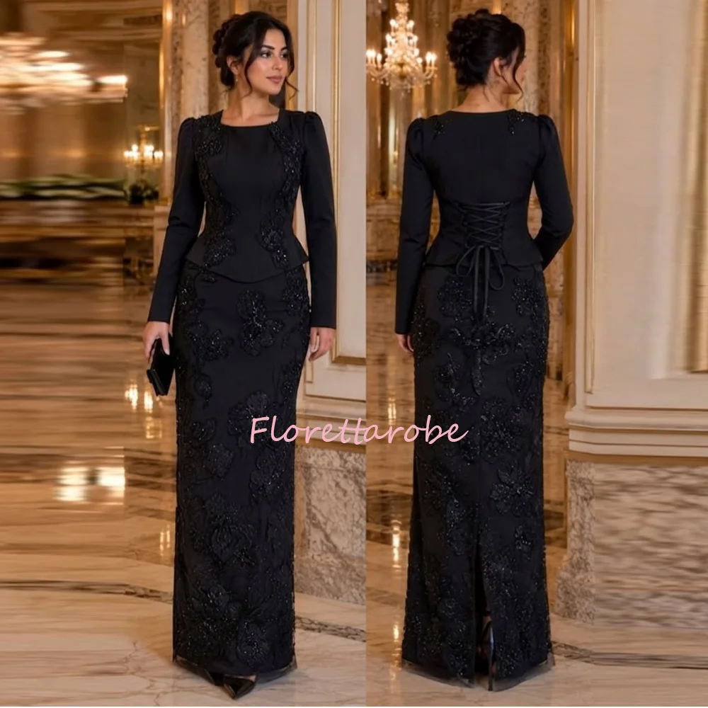 Black Mother of the Brides Dresses Saudi Arab Evening Dresses  Long Sleeves Beading Appliques Arabic Godmother Dress Customized