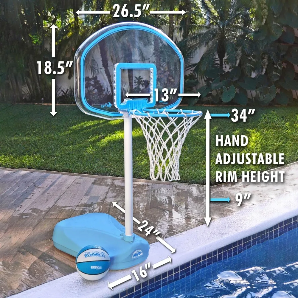 Juego de aro de baloncesto para piscina al aire libre de altura ajustable con llanta de acero inoxidable y pelota incluida, diseño azul claro