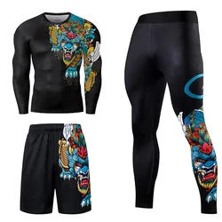 Men Tracksuit Compression Set Workout Sportswear Gym Clothing Fitness Long Sleeve Tight Top & Waist Leggings Sports 3 in 1  Suit