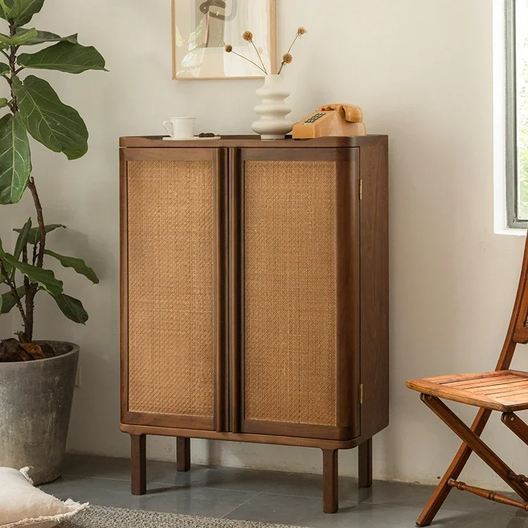 

Pure Solid Wood Home Doorway Entrance Cabinet Integrated Rattan Vintage Shoe Cabinet