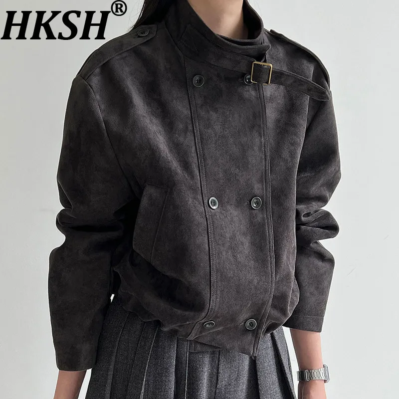 

HKSH Spring Autumn New Women Short Trench Coat Faux Suede Stand Collar Double Breasted Pockets Versatile Chic Ins Jacket HK13441