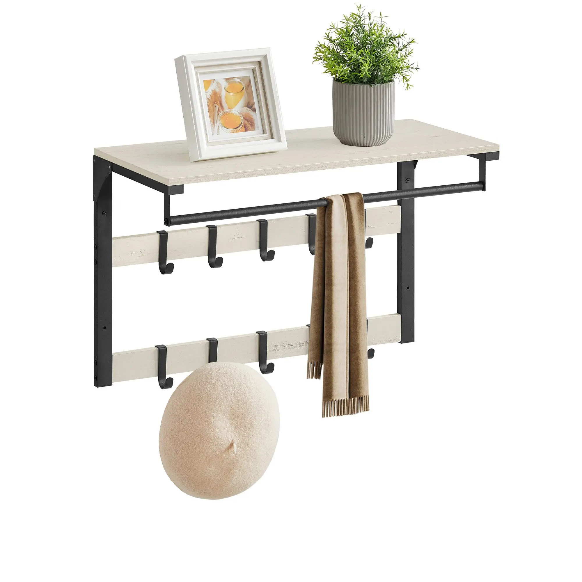 VASAGLE Wandgarderobe, mit Ablage, Wandregal mit 10 abnehmbaren Haken, Hängeregal, Wandmontage