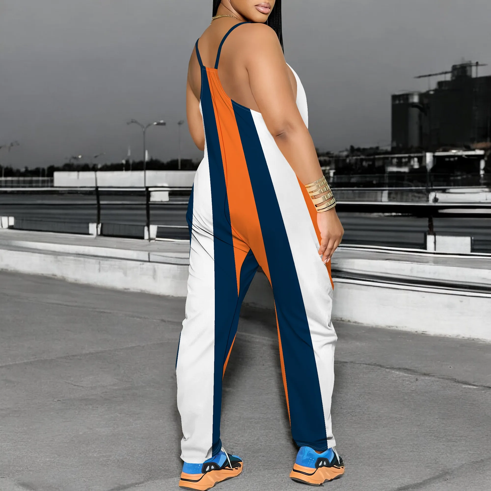 Striped Color Block Jumpsuit for Women Sleeveless Casual Loose Fit Wide Leg Spaghetti Strap
