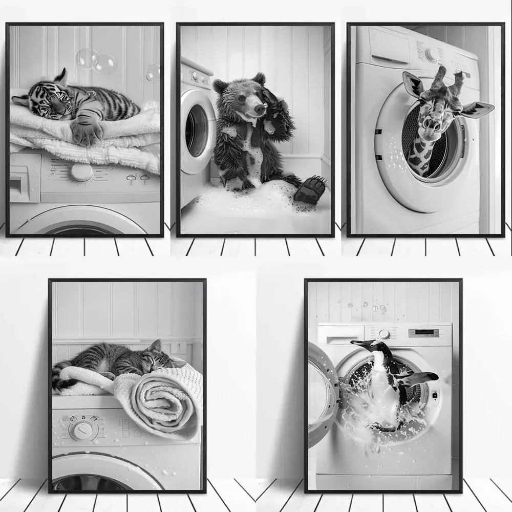Washing Machine Poster Laundry Room Decor Picture Funny Wall Art Utility Print Canvas Cute Giraffe Penguin Tiger in