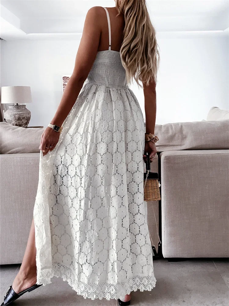 2025年夏 レディース レース プレイスーツ ドレス ノースリーブ Vネック ホローアウト イレギュラー ミディ丈 ドレス セクシー エレガント カジュアル ボヘミアン ドレス