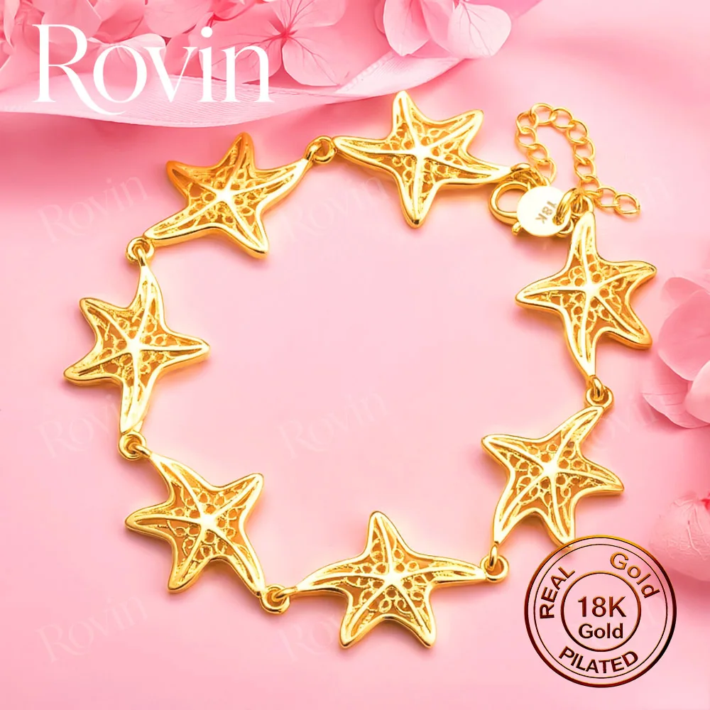 18K Gold 8-Inch Exquisite Openwork Starfish Bracelet – Stylish and Charming Wedding Jewelry for Women