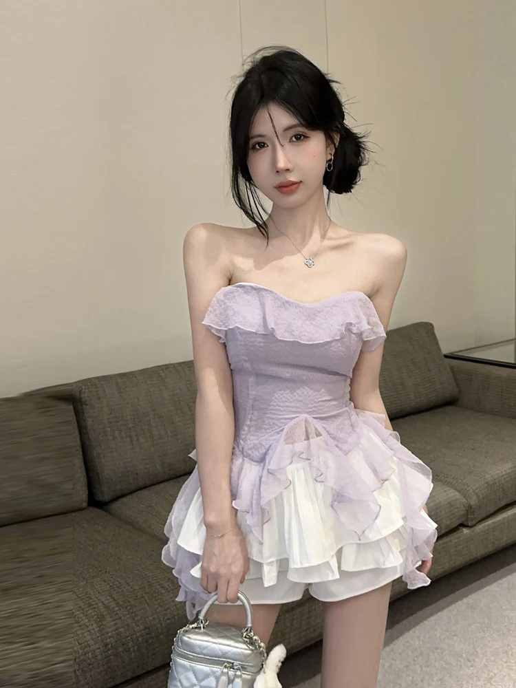 

Pure Desire Sexy Girl One Shoulder Ruffle Sleeveless Purple Tube Top Vest White High Waist Cake Skirt Set Summer Fashion