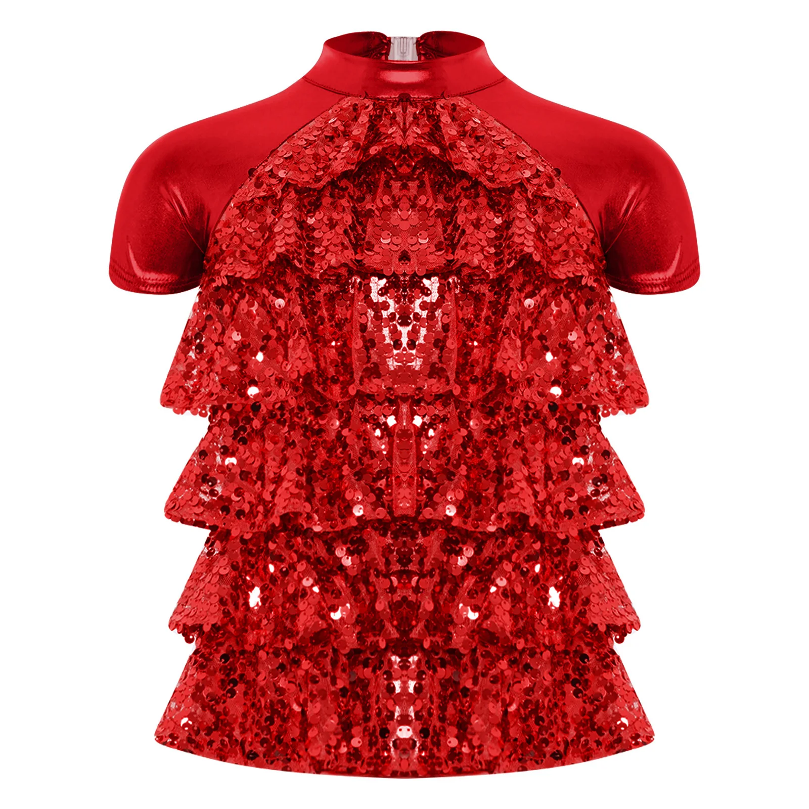 

Kids Girls Metallic Jazz Tango Ballet Dance Top Shiny Short Sleeve Sequins Tiered Back Cut Shirts Party Show Cheerleader Costume