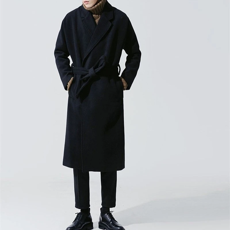 

Men's Over The Knee Long Windbreaker Autumn Winter Korean Loose Thickened Wool Coat Fashionable Outerwear