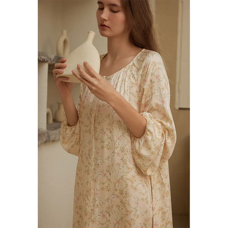 Women Sweet Full Sleeves Printed Nightdress Simple Round Neck Cardigan Knee-Length Nightie Loose Design Viscose Soft Home Dress