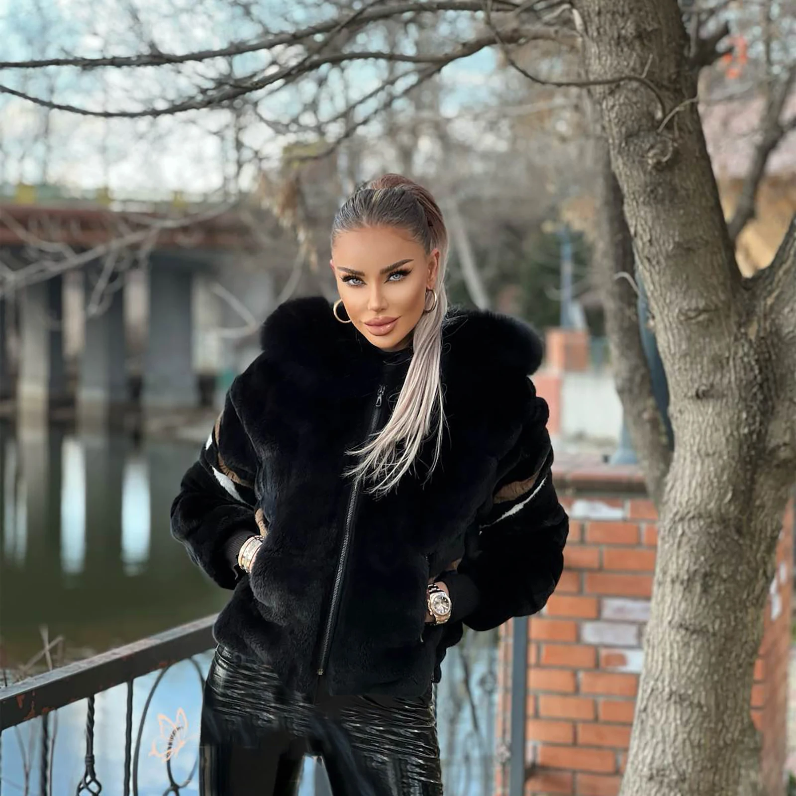 Fashion Black Real Rex Rabbit Fur Jacket with Fox Fur Trim of Hood High Quality Genuine Rex Rabbit Fur Jackets Woman Outwear