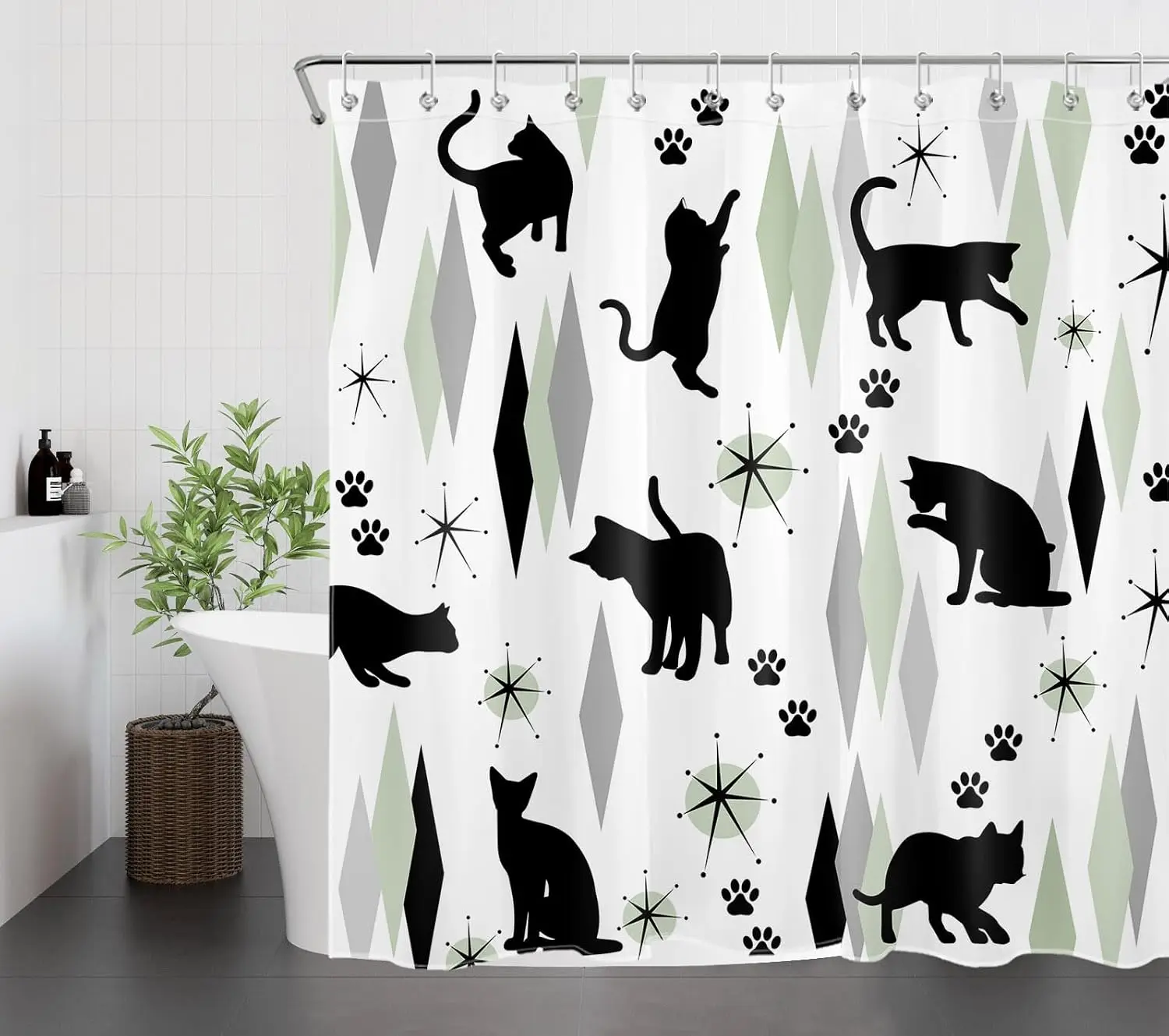 Retro Cat Silhouette Shower Curtain, Mid-Century Modern Geometric Pattern, Black & White Pet Lover Bathroom Decor