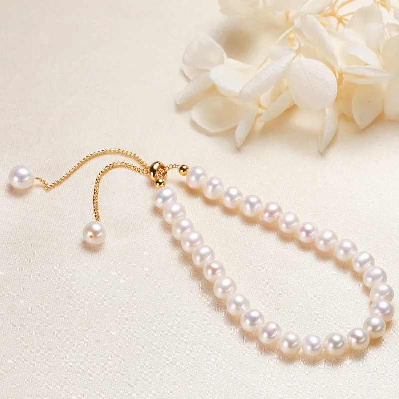 Minar Good Quality 5-6mm Oval Freshwater Pearl Beads Adjustable Chain Strand Bracelets for Women 18K Real Gold Plated Copper