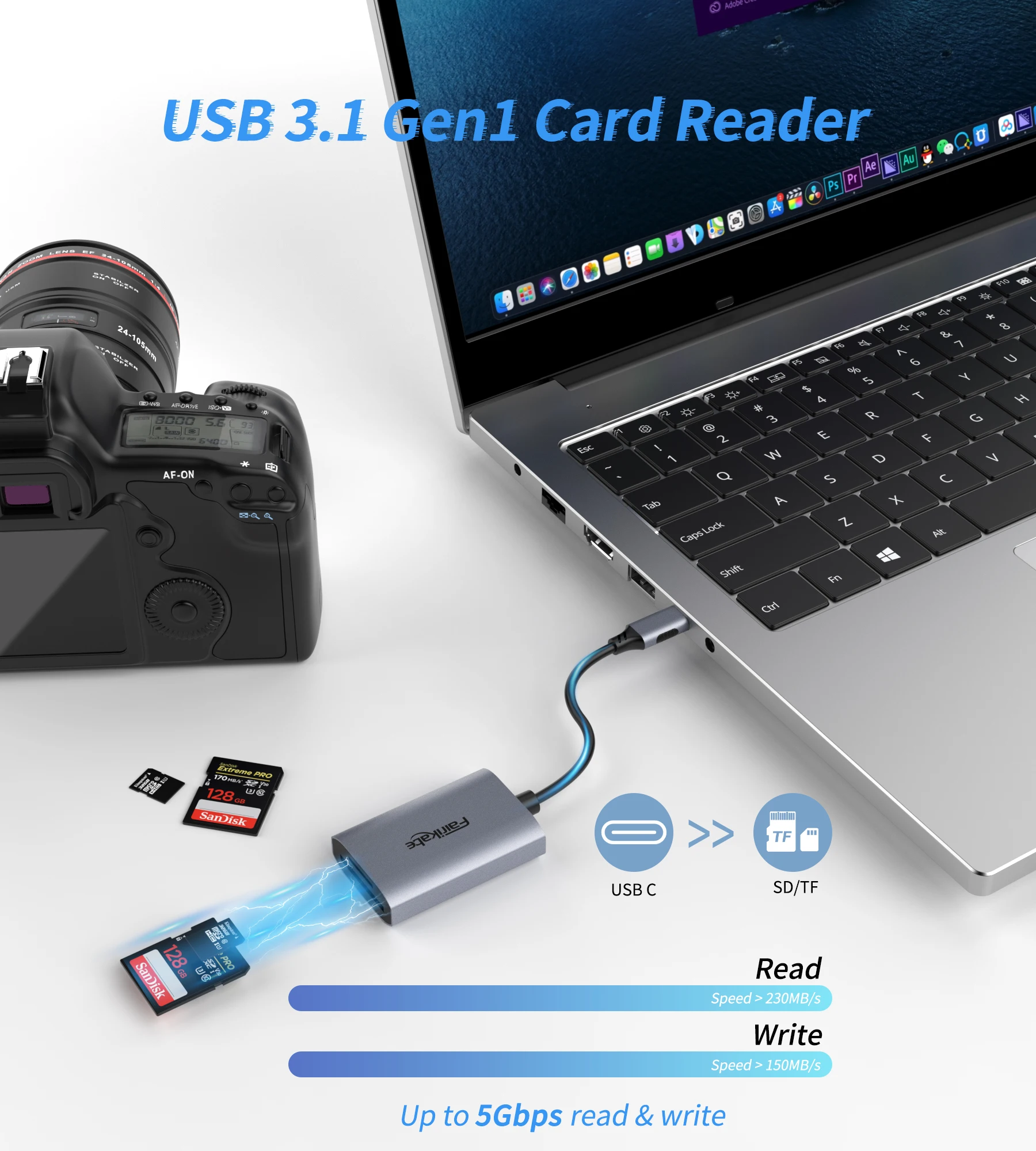 Lector de tarjetas Fairikabe USB 4,0, lector de tarjetas de memoria Micro SD USBC de 128GB, Compatible con Thunderbolt 3 para TF SD SDXC SDHC UHS-II