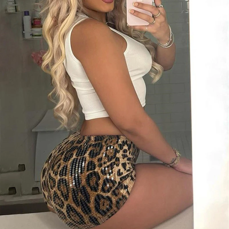 BKLD Hot Shorts für Hottie Girls Y2K Nachtclub Vintage Sexy Low-Waist Pailletten Leopardenmuster Tight Fit Wild Wrap Short Pants